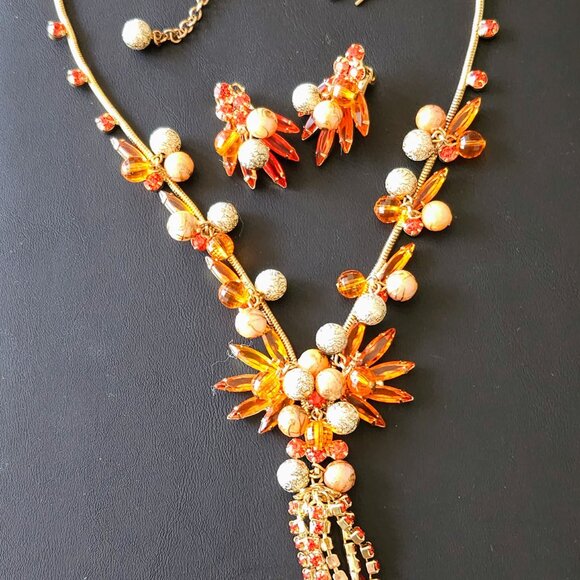 Vintage D and E Juliana Orange Rhinestone and Bead Dangle Necklace & Earring Set - Picture 7 of 8